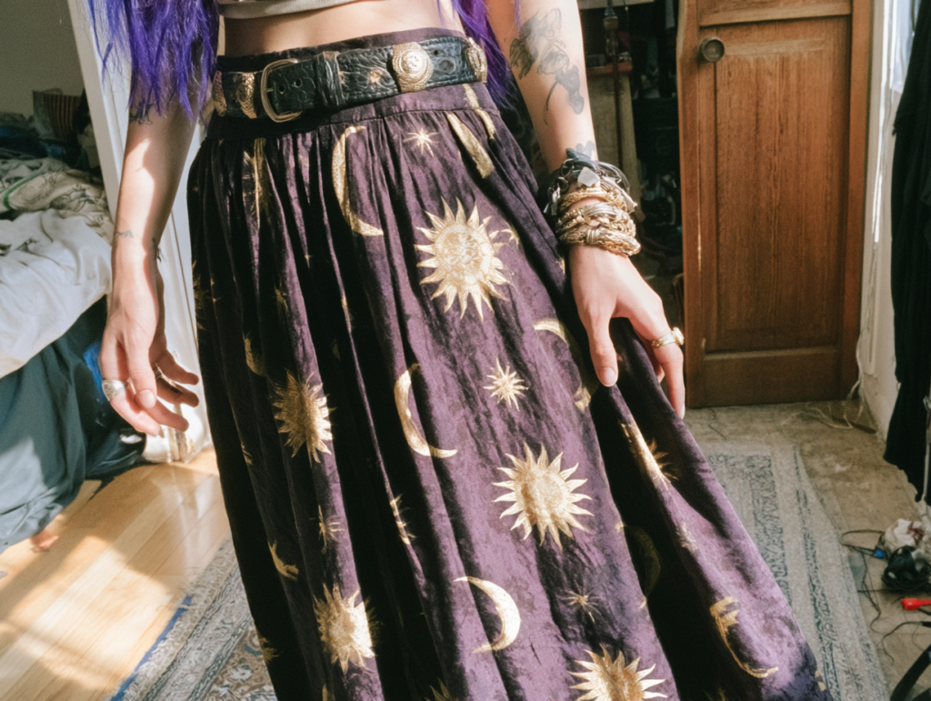 Boho style: purple velvet maxi skirt with gold sun and moon print, black concho belt, stacked bracelets indoors.