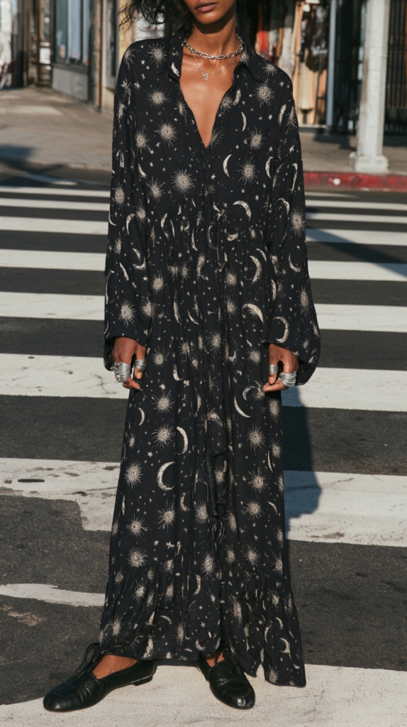 whimsigoth-dress-celestial-print Black celestial print maxi dress with moons and stars, long sleeves; styled with black flats and silver rings on crosswalk.