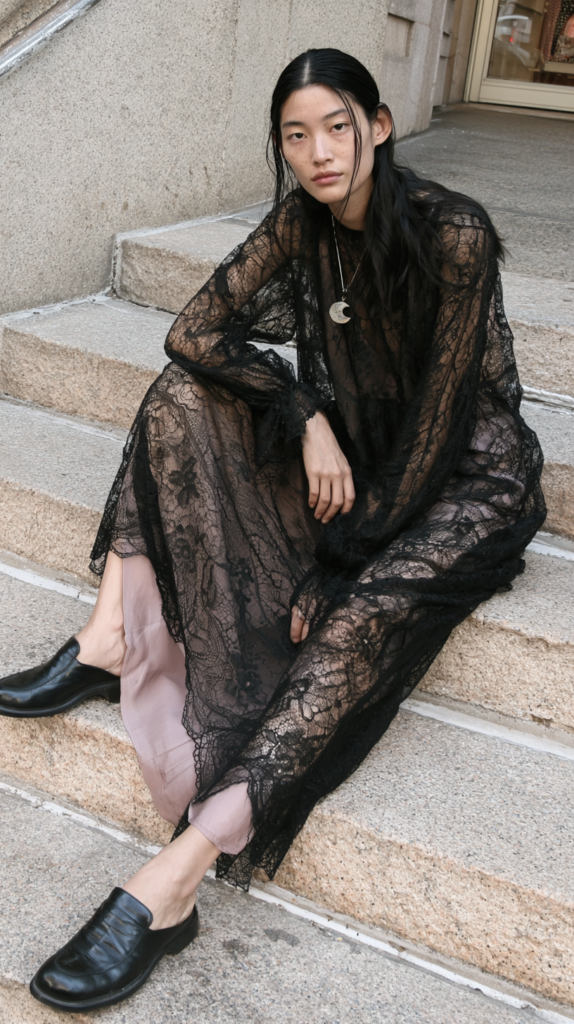 whimsigoth-dress-crochet-maxi Street style model in sheer black lace dress over pink slip, moon pendant and black loafers, sitting on stone steps.