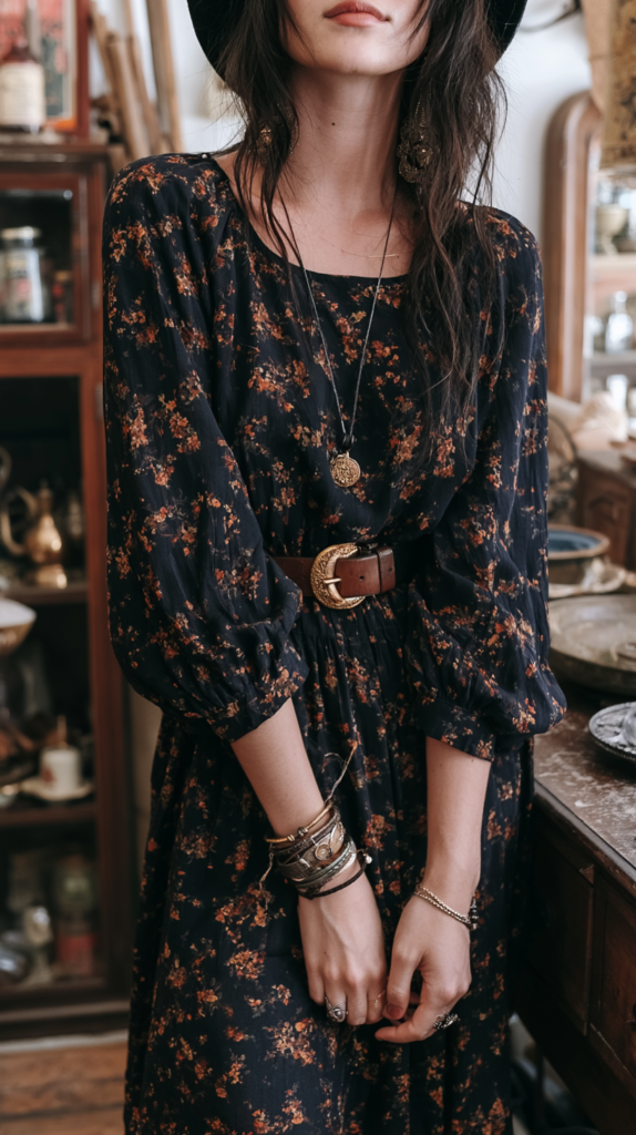 whimsigoth-dress-floral Boho woman in black floral dress with gold-buckled belt, layered necklaces and bangles in vintage boutique setting.