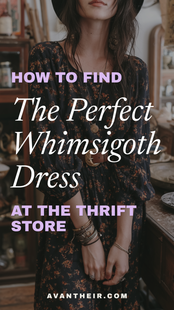 whimsigoth-dress-outfit-ideas How to find the perfect whimsigoth dress at the thrift store—vintage fashion guide with woman in black floral dress