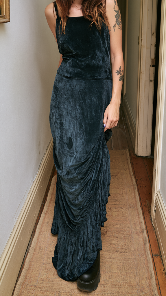 whimsigoth-dress-velvet Model in sleeveless charcoal velvet ruched maxi dress with platform boots in a narrow vintage hallway