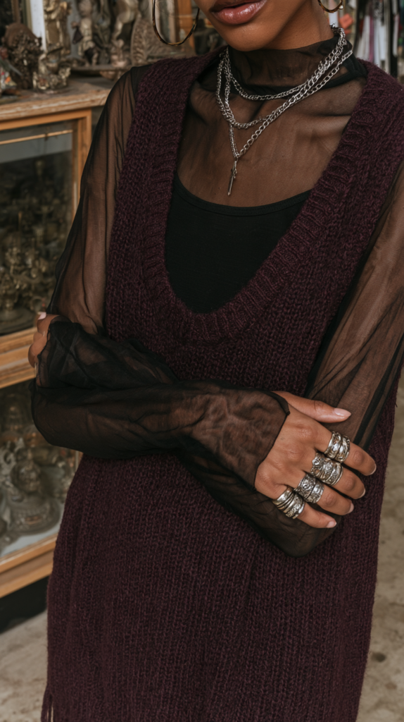 Close-up fashion: sheer black mesh top under burgundy knit dress, layered silver chains, hoop and chunky rings.
