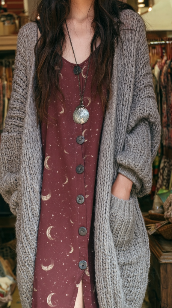 Boho outfit: chunky gray knit cardigan and burgundy moon-print dress with pendant necklace in vintage boutique.