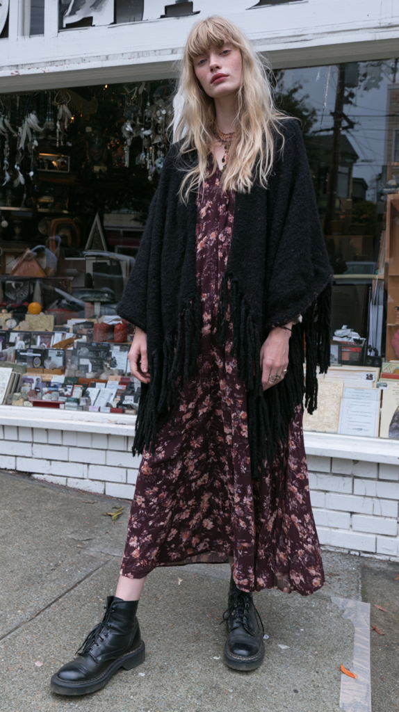 Boho grunge street style: model in floral maxi dress, black fringed cardigan and combat boots outside vintage shop
