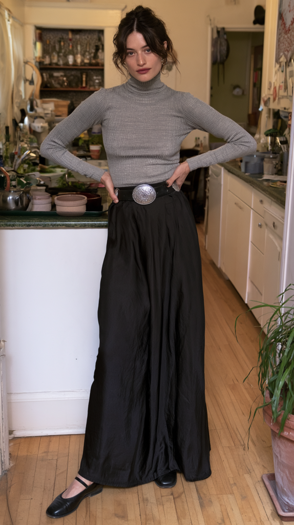 Woman in gray turtleneck and black maxi skirt with silver belt buckle posing in cozy kitchen, minimalist fall fashion outfit