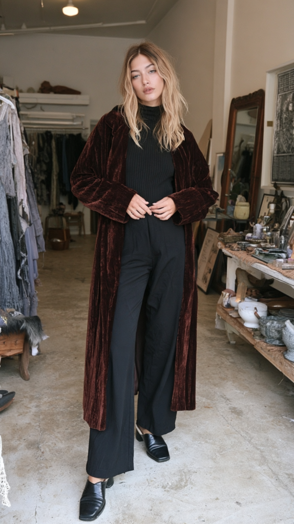 Woman in burgundy velvet duster over black turtleneck and wide-leg pants, posing in vintage boutique fashion shop