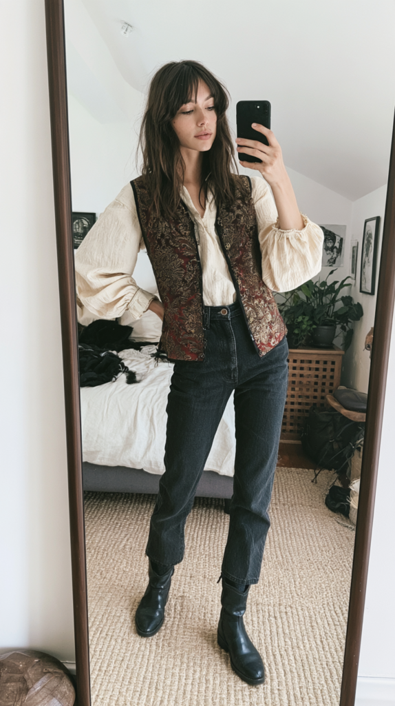 Mirror selfie outfit: boho cream blouse, brocade vest, black jeans and ankle boots in cozy bedroom with plants.