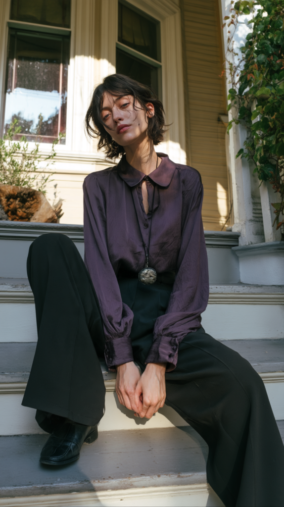 Chic outfit on porch steps: purple silk blouse, wide-leg black trousers, pendant necklace, black loafers.