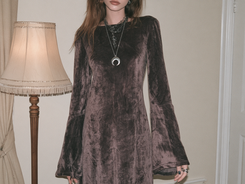 Model in plum velvet bell-sleeve dress with crescent moon necklace beside vintage lamp, indoor fashion, gothic style