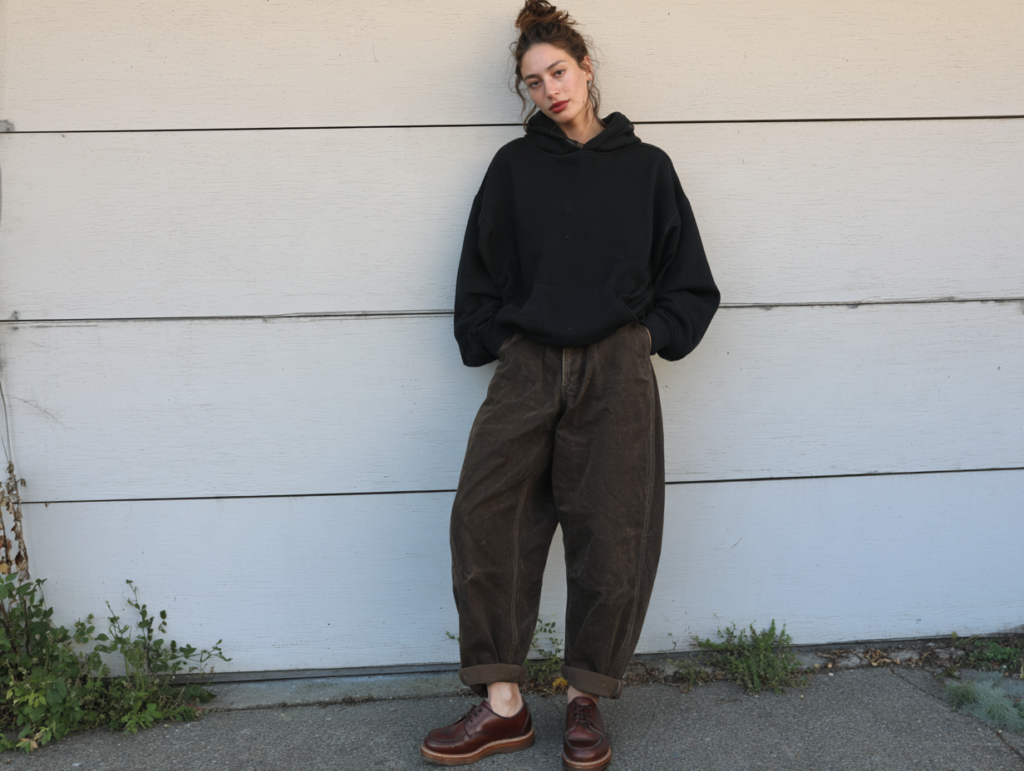 Casual street style: person in black oversized hoodie, wide-leg brown pants, brown leather shoes, leaning on neutral wall