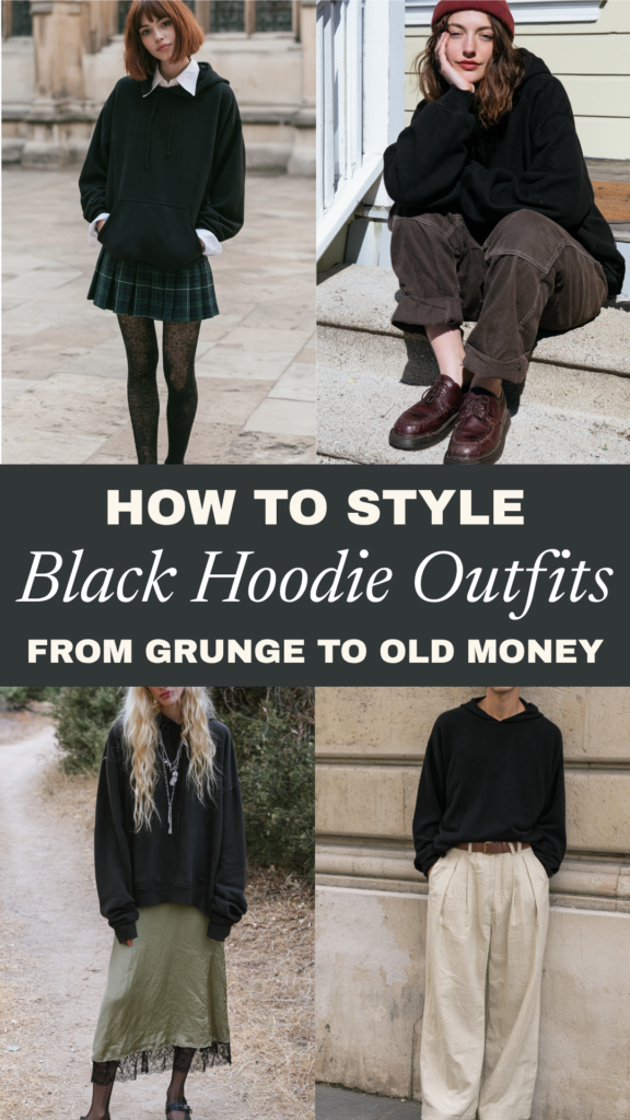 How to style black hoodie outfits: from grunge to old-money looks in a fashion collage.