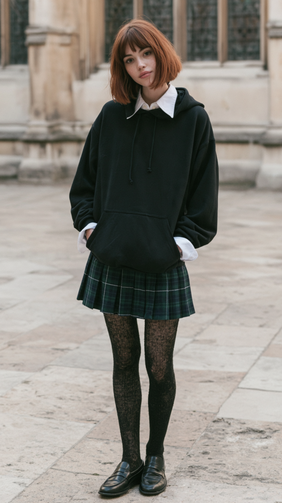 Street style outfit: oversized black hoodie, white collar shirt, green tartan skirt, black tights and loafers outdoors.