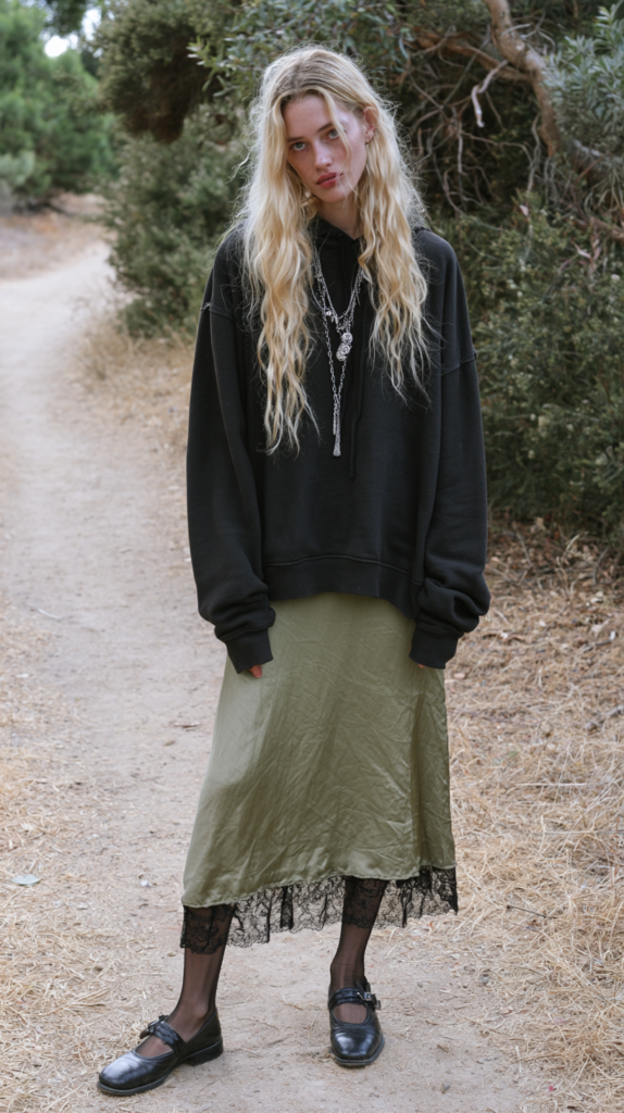 Model in oversized black hoodie, olive satin slip skirt with lace, Mary Janes, layered chains, standing on forest trail.