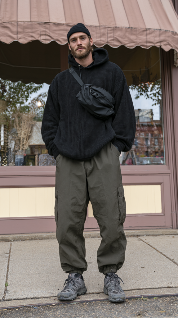 Streetwear outfit: beanie, black hoodie and crossbody bag, olive cargo pants, chunky sneakers, urban storefront background.
