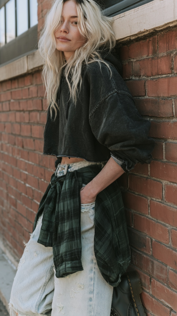 Blonde woman in crop hoodie, plaid shirt and ripped jeans leaning on brick wall, urban street style fashion portrait