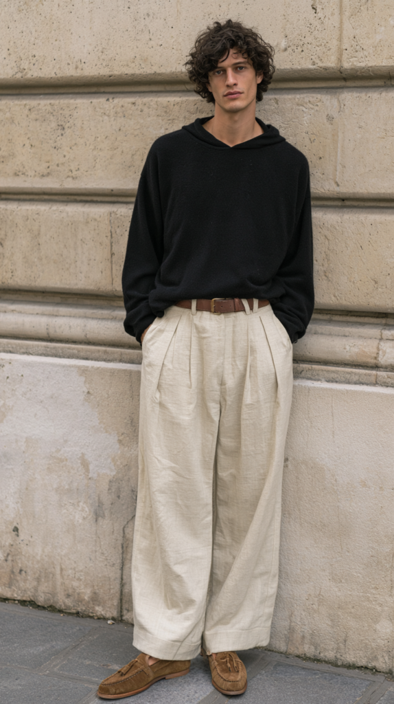 Street style: man in black hoodie and beige pleated wide-leg trousers with brown loafers, leaning on stone wall.