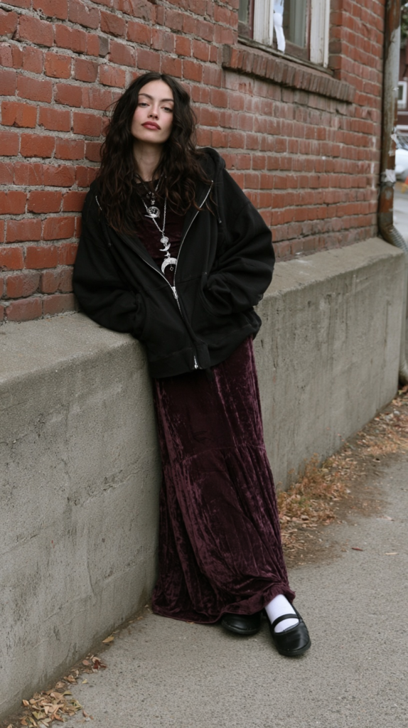Model in black hoodie and burgundy velvet maxi dress with moon necklace, Mary Janes, leaning on brick wall.