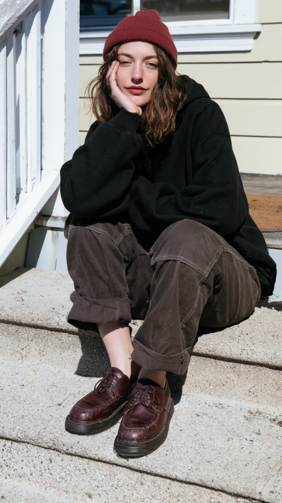 Woman in red beanie and black hoodie sitting on outdoor steps, brown cuffed pants and burgundy loafers, casual streetwear.
