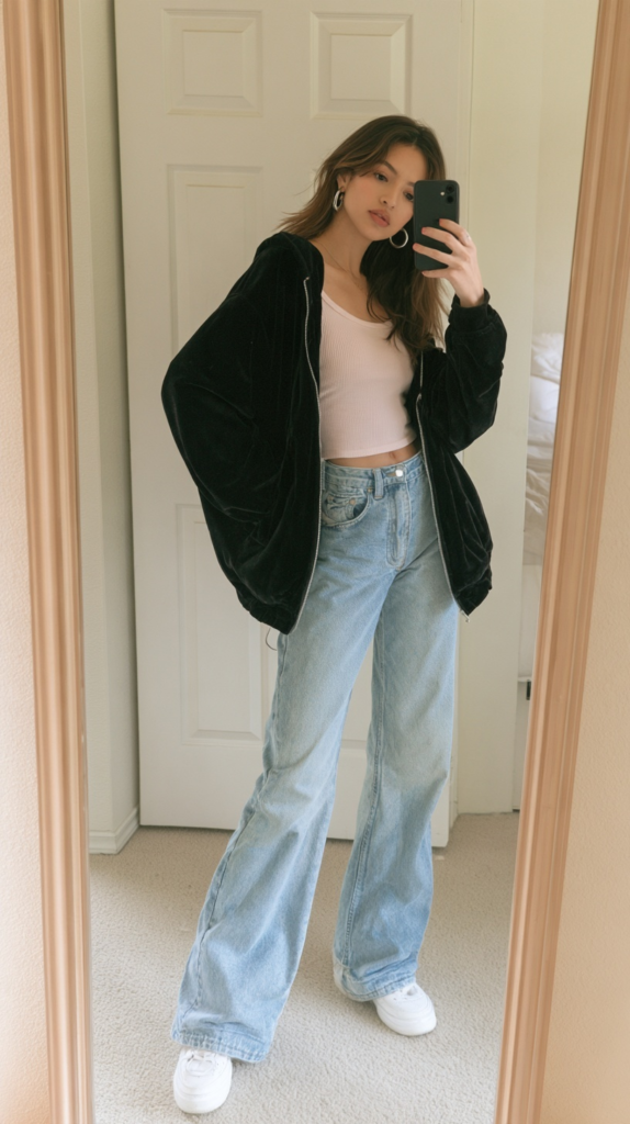 Mirror selfie of woman in black oversized hoodie, pink ribbed tank, light-wash wide-leg jeans, and white sneakers.