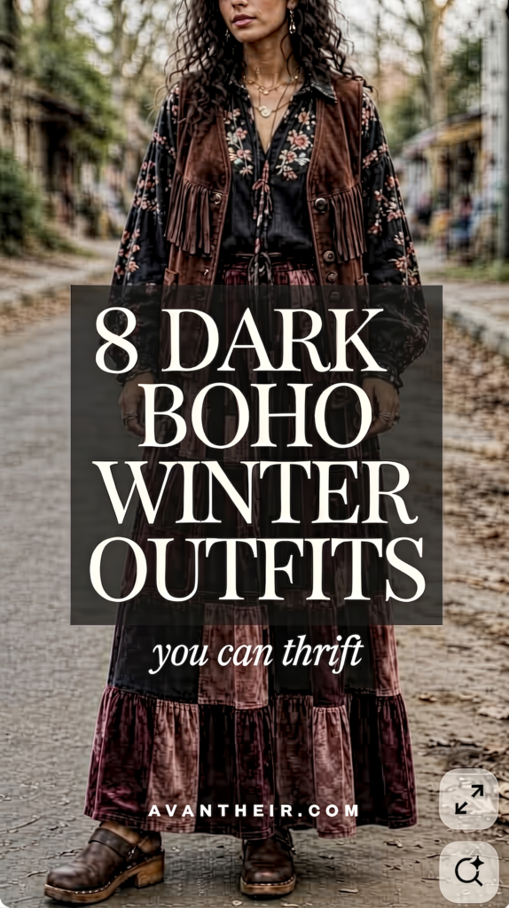 dark-boho-winter-outfits Dark boho winter outfits you can thrift—woman in fringe vest, floral maxi dress, boots; 8 bohemian look ideas.