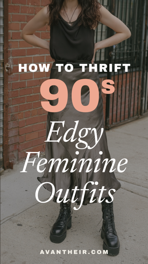 How to thrift 90s edgy feminine outfits: satin slip skirt, black top and platform combat boots street style
