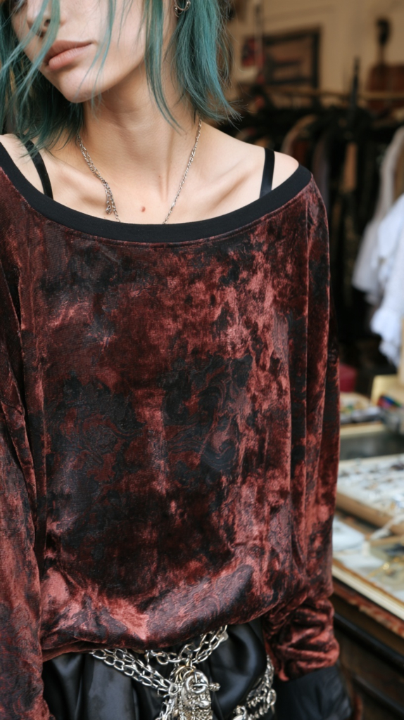 Close-up of teal-haired person in burgundy crushed velvet off-shoulder top with silver chain belt, grunge street style.