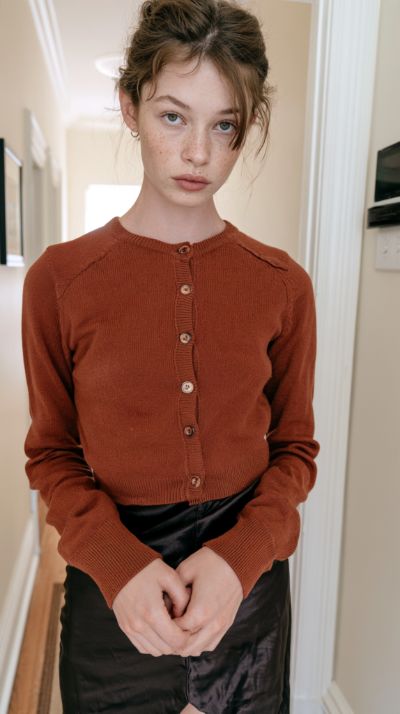 Model in rust brown button-front knit cardigan and black satin skirt, indoor portrait, minimalist fall fashion