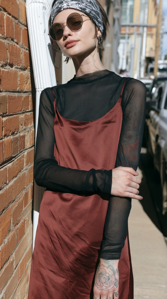 Street style: person in burgundy satin slip dress over black mesh top, sunglasses, bandana, tattooed hand at brick wall.