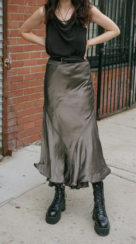 Edgy women's outfit: black sleeveless top, olive satin midi slip skirt with belt, lace-up platform combat boots.