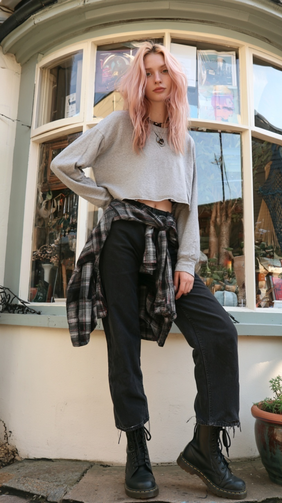 Grunge street style: person with pink hair in gray crop sweater, black jeans, plaid shirt at waist, black combat boots.