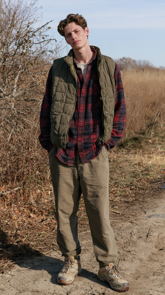 Man in olive quilted vest, red plaid flannel and khaki pants on a trail, showcasing men's fall outdoor style
