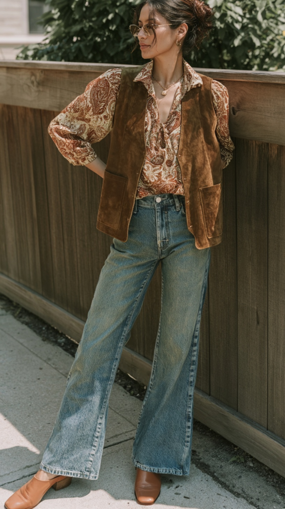70s boho street style woman in paisley blouse, suede vest, wide-leg jeans and brown heels leaning on a wooden fence outdoors