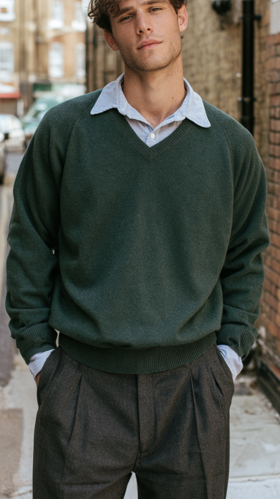 Man in forest green V-neck sweater over blue shirt and gray pleated trousers on an urban street, casual men's fashion.