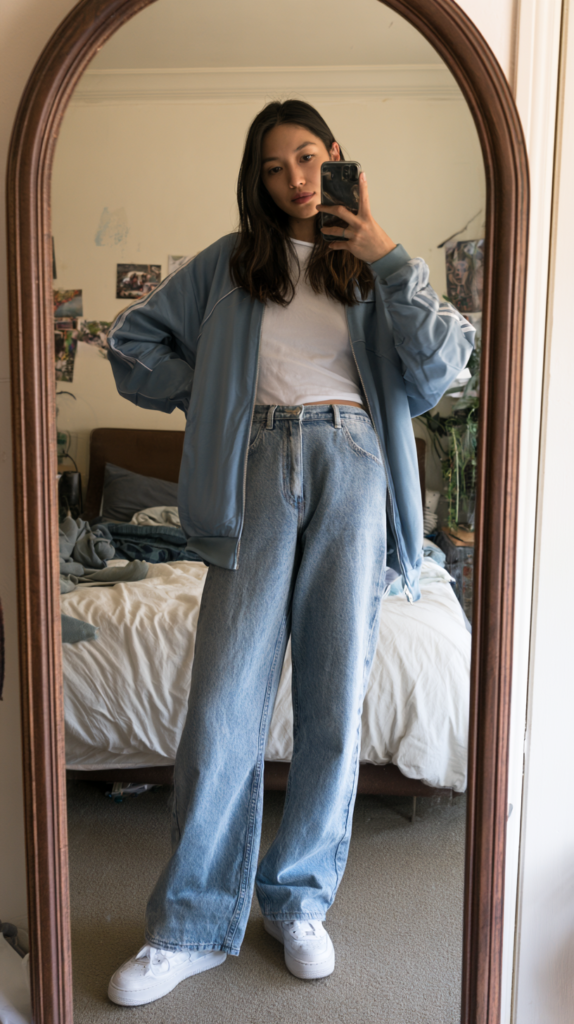 Mirror selfie of woman in oversized light blue jacket, white tee, wide-leg jeans and white sneakers in a casual bedroom.