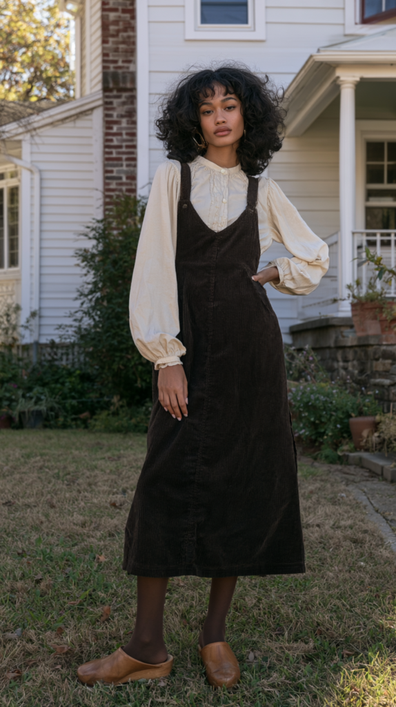 Woman in dark corduroy pinafore over cream blouse, brown clogs, posing in front yard—vintage fall outfit fashion.