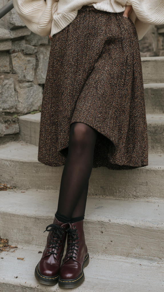 Fall outfit: cream sweater, brown herringbone tweed midi skirt, black tights, and burgundy combat boots on stone steps