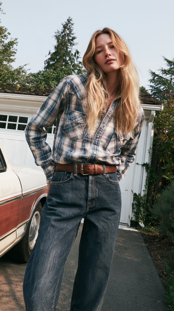 Young woman in plaid flannel and high-waisted jeans posing by a vintage station wagon in driveway, casual fall fashion.