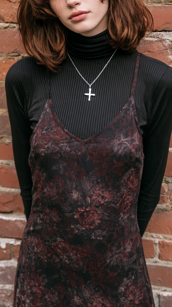 Model in black ribbed turtleneck layered under dark floral slip dress, silver cross necklace, brick wall backdrop
