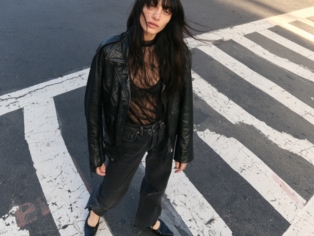 Urban fashion: woman in black leather jacket, sheer top and jeans standing on a city crosswalk.