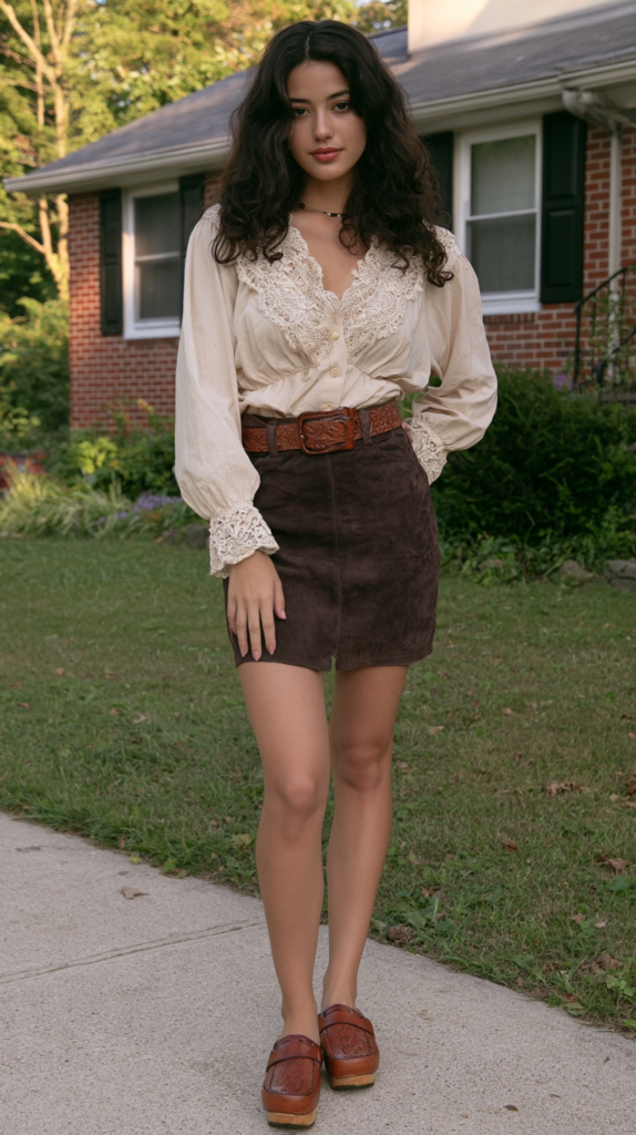 Young woman in vintage cream lace blouse and brown suede skirt with belt, posing in suburban yard; fall street style fashion