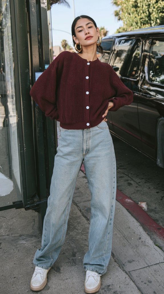 Street style: woman in burgundy cardigan with white buttons, light-wash wide-leg jeans and white sneakers on city sidewalk.