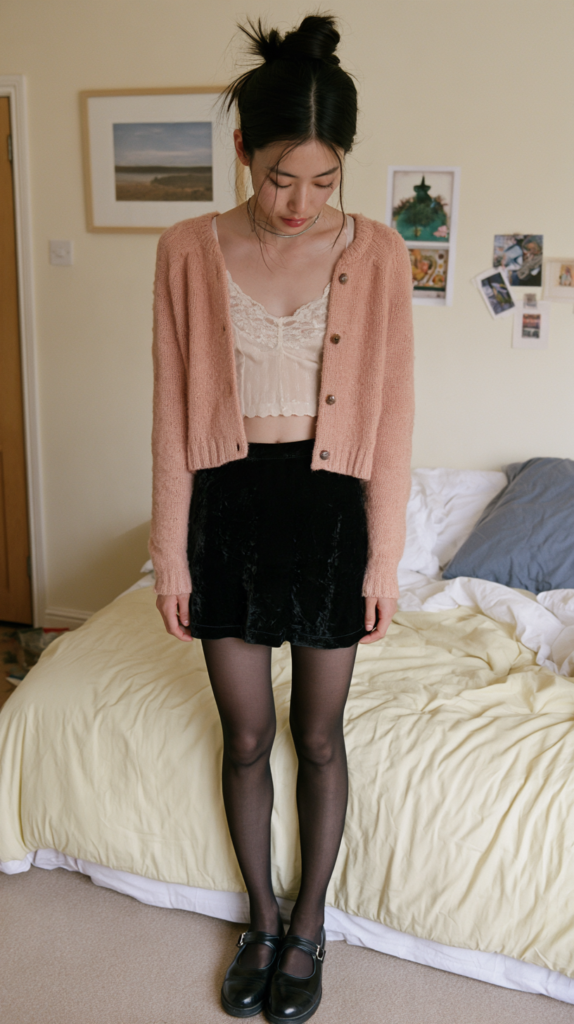 Cozy outfit: pink cardigan over lace camisole with black velvet mini skirt and tights, standing in bedroom.