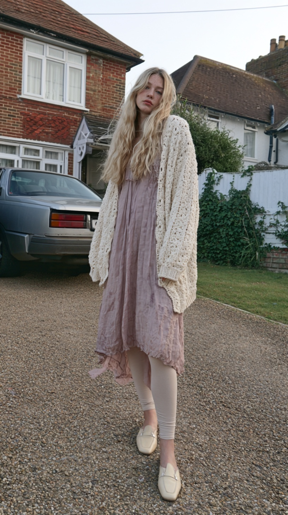 Boho street style: woman in mauve crinkled dress, chunky cream knit cardigan, leggings and loafers on suburban driveway