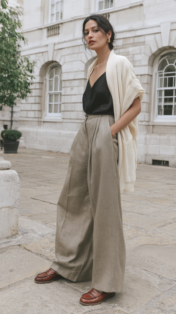 Street style: woman in wide-leg beige trousers, black camisole, cream cardigan and brown loafers outside historic building.