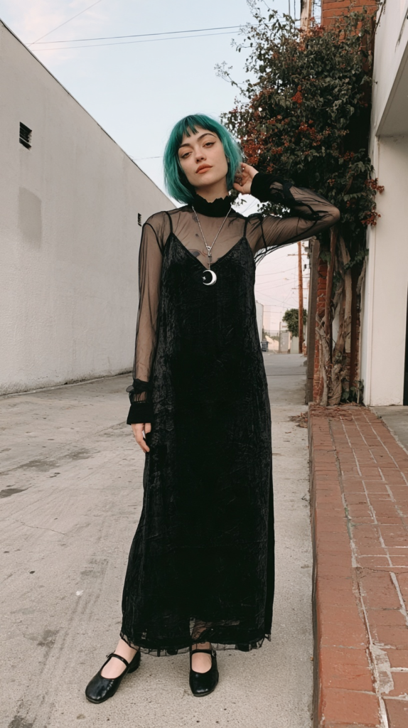 Goth street style: person with teal bob in black velvet slip over sheer mesh top, moon necklace, Mary Janes, alley backdrop.