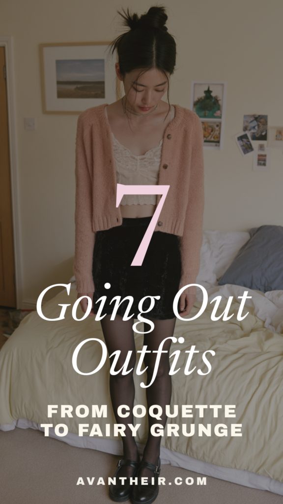 7 going-out outfits: coquette to fairy grunge style guide with pink cardigan, lace cami, black mini skirt and tights