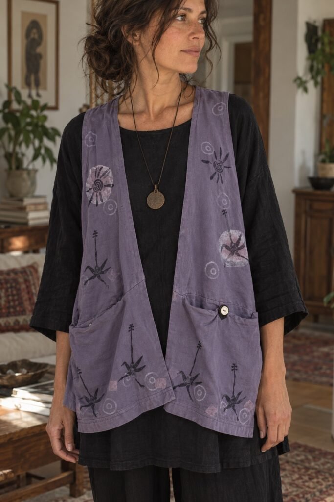 Bohemian lavender printed vest with pockets over black tunic, artisan women’s layering top, casual outfit indoors
