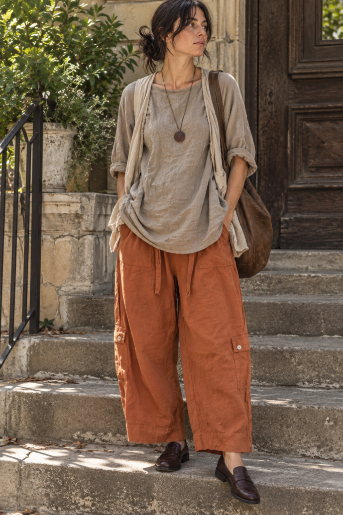Model in taupe linen top and rust wide-leg pants on stone steps, casual boho street style look with pendant and loafers.