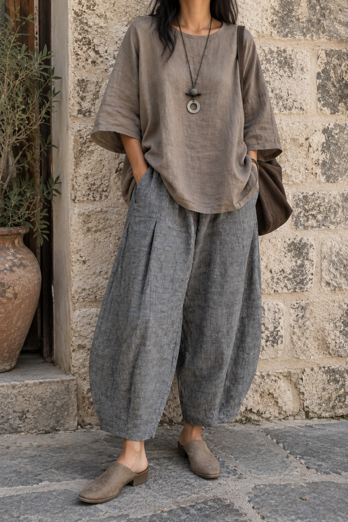 Model in neutral linen outfit: oversized taupe top, gray wide-leg pants, mules; minimalist boho street style by stone wall